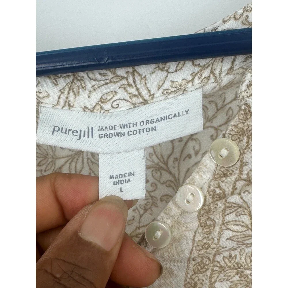 Pure Jill 100% Organic Cotton Paisley Henley Blouse Tan Split Neck Tunic Size L
